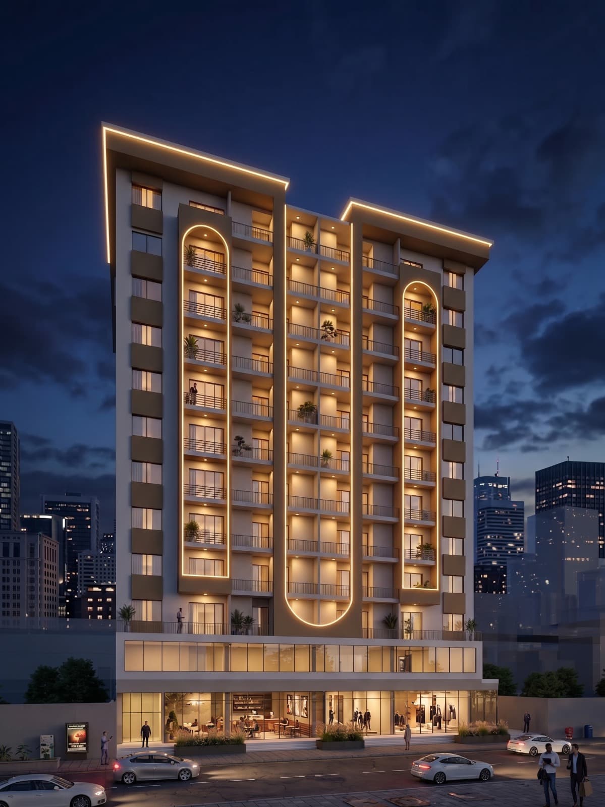 Salzee Builders & Developers development illuminated at night